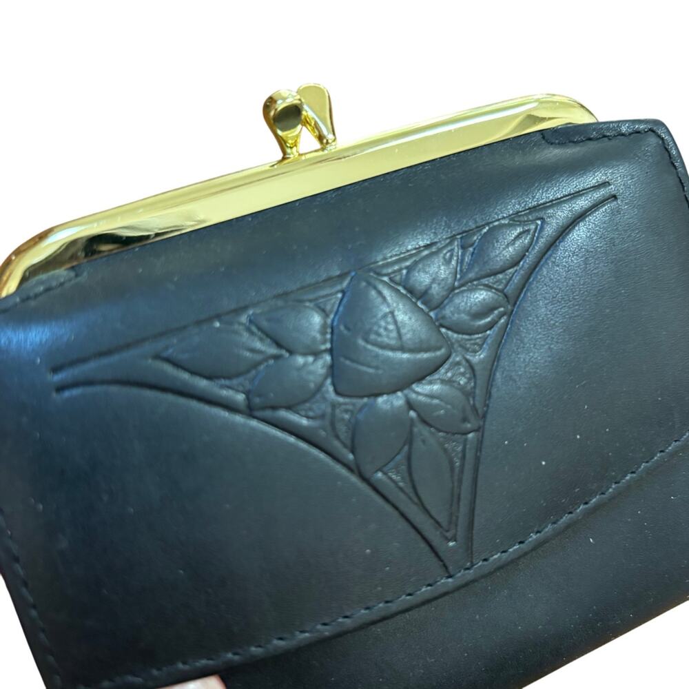 Vintage Rolfs black leather coin purse wallet embossed floral flap gold kisslock - Picture 10 of 10